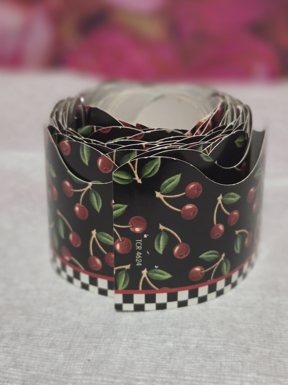 Cherry Patterned Wallpaper Border - Black Background with Red Cherries